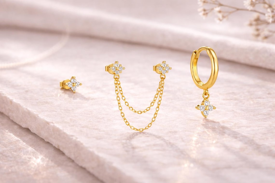 Gold Plated Cubic Zirconia Stacked Earrings, Minimalist Stud Hoop Dangle Set