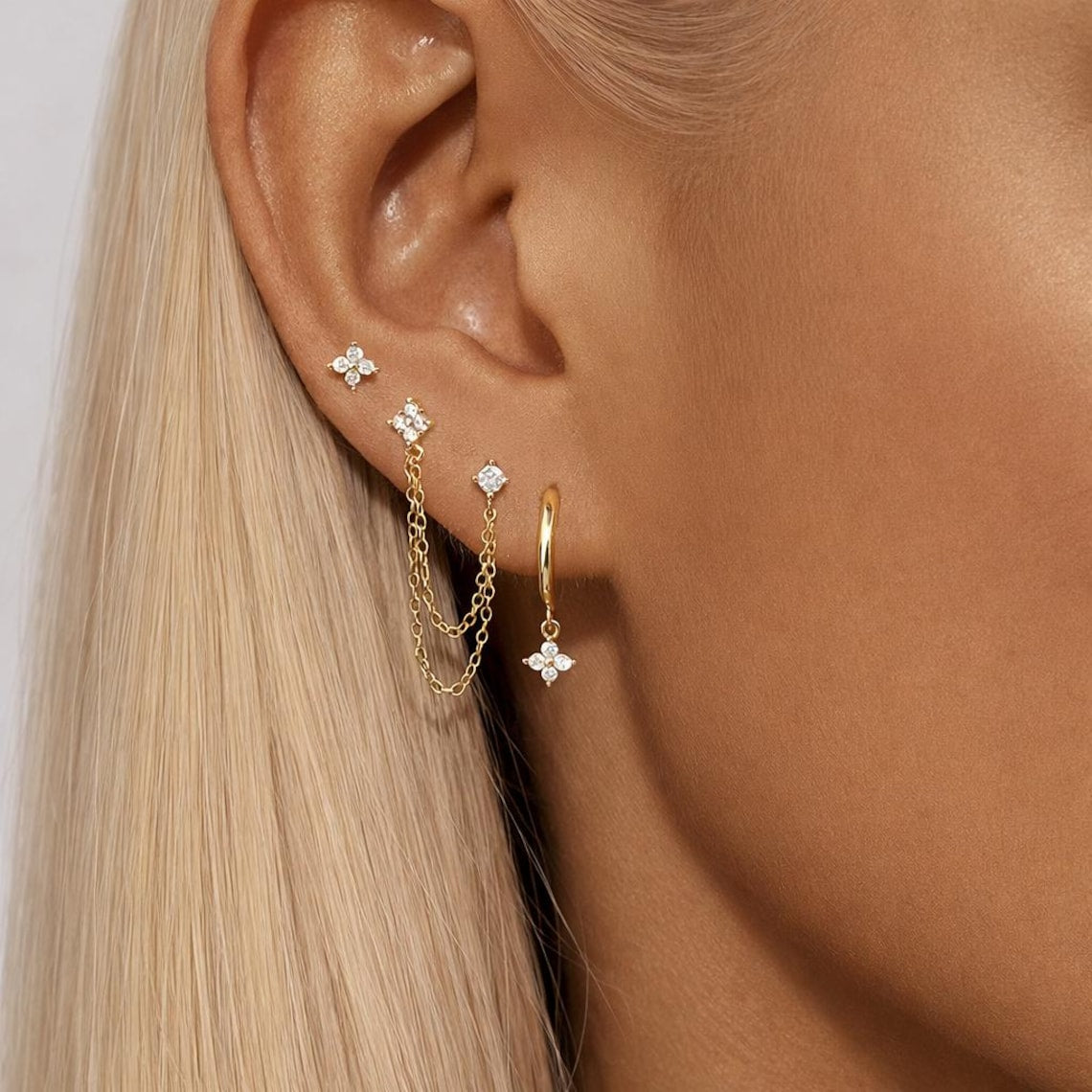 Gold Plated Cubic Zirconia Stacked Earrings, Minimalist Stud Hoop Dangle Set
