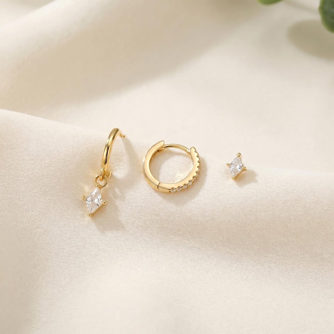 18K Gold Filled CZ Hoop Earrings Set,Dainty Diamond Drop Huggie Earrings,Minimalist Ear Stack,Everyday Jewelry Gift