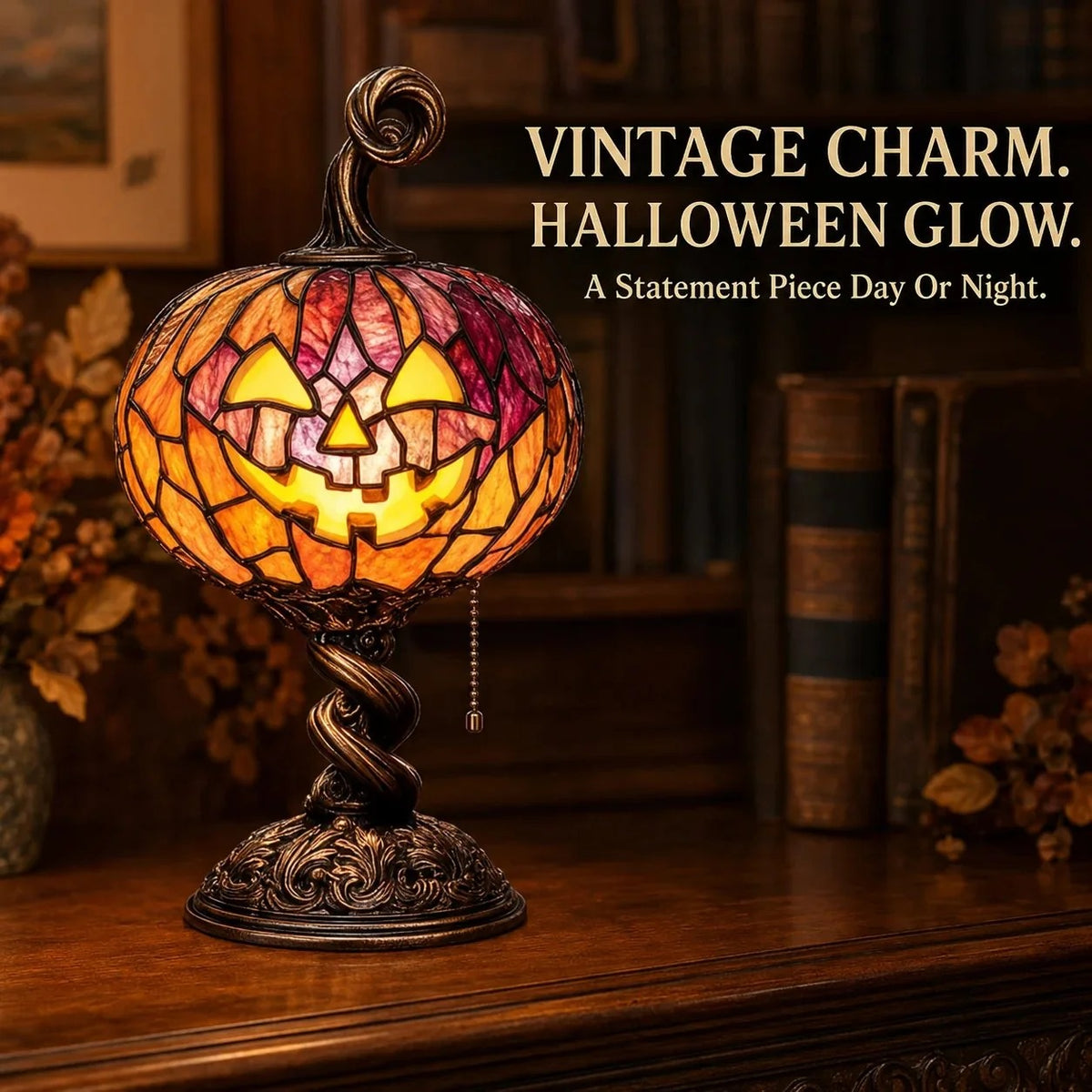 🎃 Halloween Pumpkin Glow Lamp – Vintage Stained Glass Style Table Light